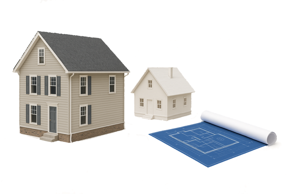 A house beside its blueprint and model
